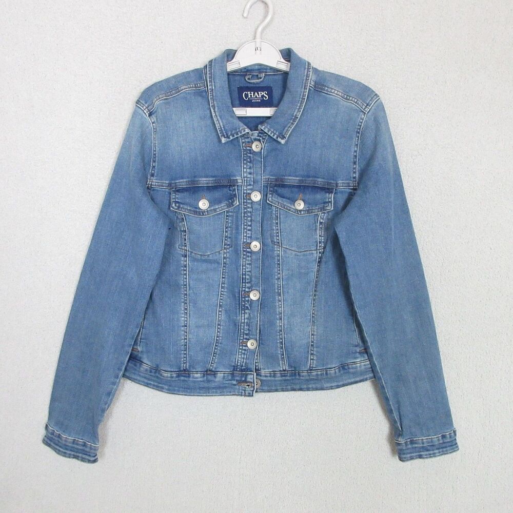 Chaps Jeans Jacket Womens L Denim Jean Jacket Long Sleeve Blue Light Wash Button
